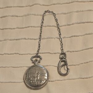 Vintage Soneca Silver Pocket Watch with Chain, Nautical, Quartz Movement